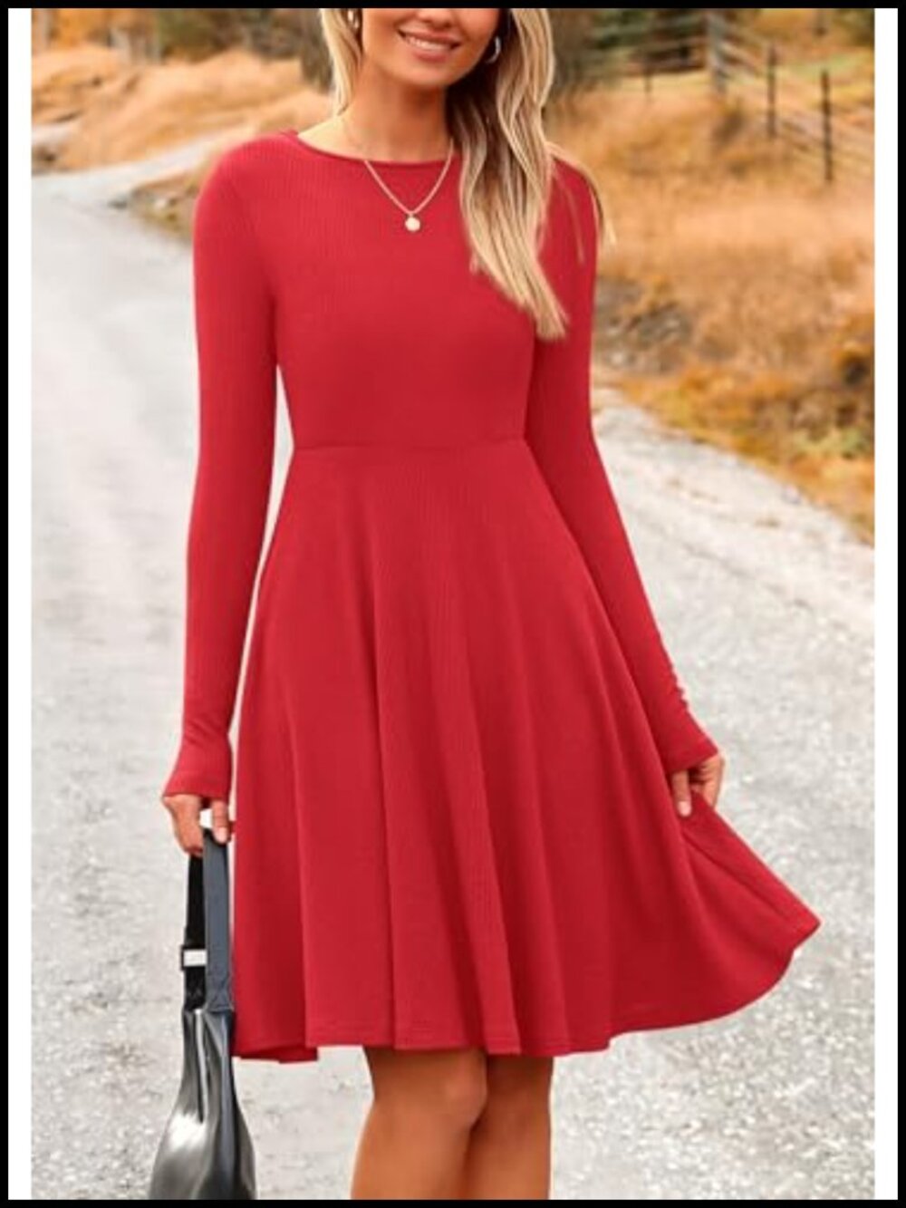 Ribbed Knit Long Sleeve A-Line Mini Sweater Dress Crewneck Stretch Casual - Picture 2 of 6